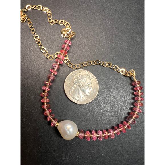 Gold Filled Necklace with Baroque Pearl and Pink Faceted Gemstone Beads - Picture 8 of 16